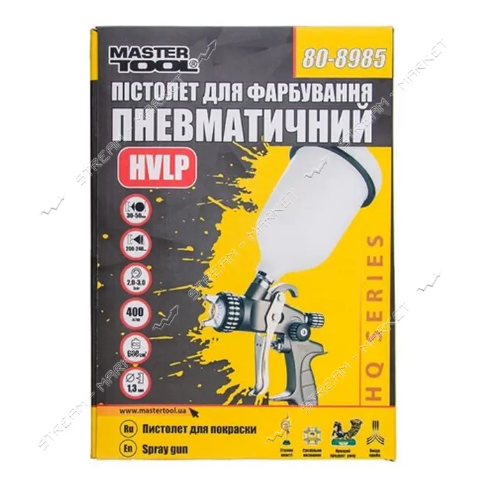 Краскопульт Master-Tool 80-8985 HVLP HQ ВБ пластик d1.3мм 400л/мин 2-3 бар                          
