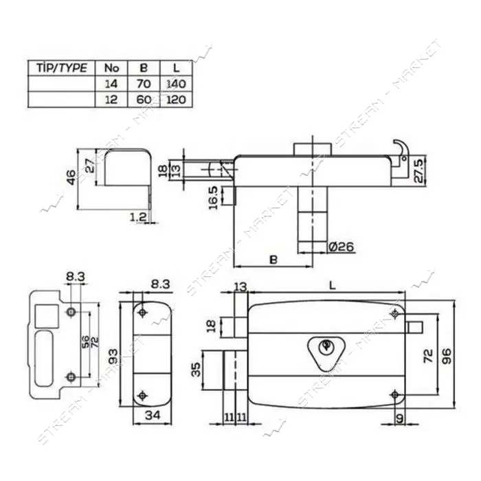 Замок накладной Rebosse 312 157 С 60мм 3 ключа язык Турция