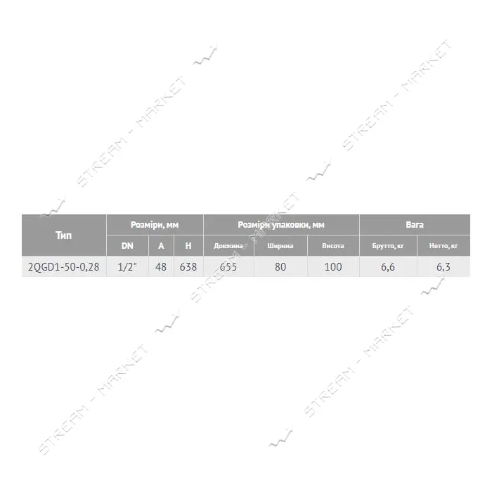 Насос шнековый погружной EuroAqua 2QGD1-50-0.28 0.28кВт Hmax 52м Qmax 15л/мин нержавейка            