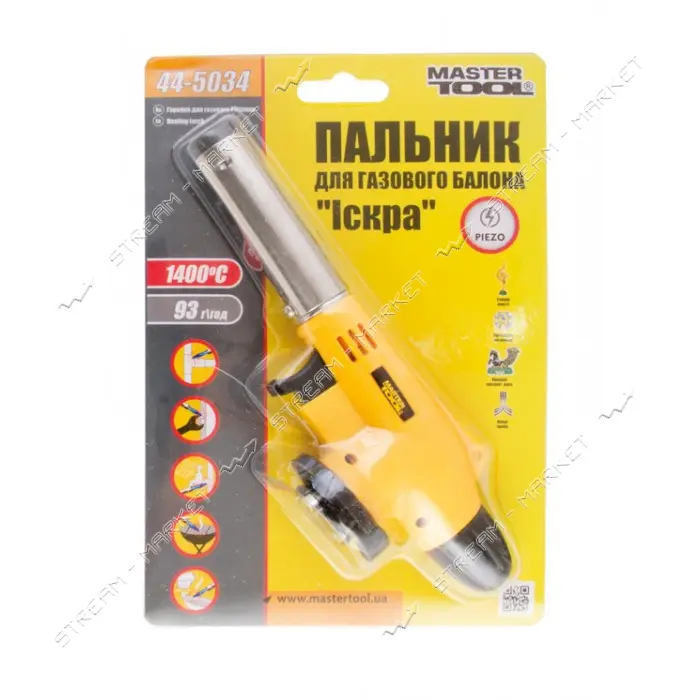 Горелка для газового баллона Mastertool 44-5034 с пьезоподжигом Искра 1400С
