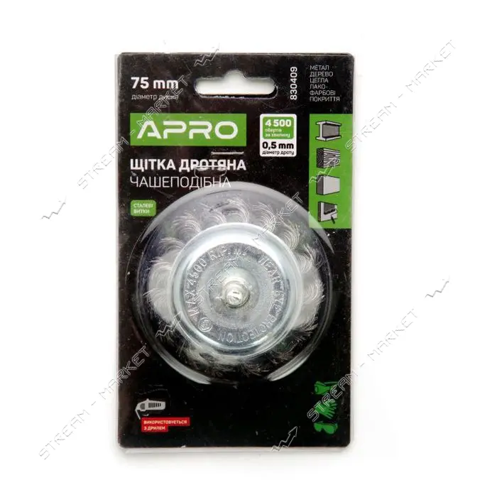 Щетка чаша стальные витки Apro 830409 75мм дрель                                                    