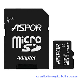 Карта памяти Aspor 64GB MicroSDHC Class 10 плюс SD adapter