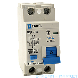 Пристрій захисного відключення Takel ВДТ-63 2P 50А 30мА